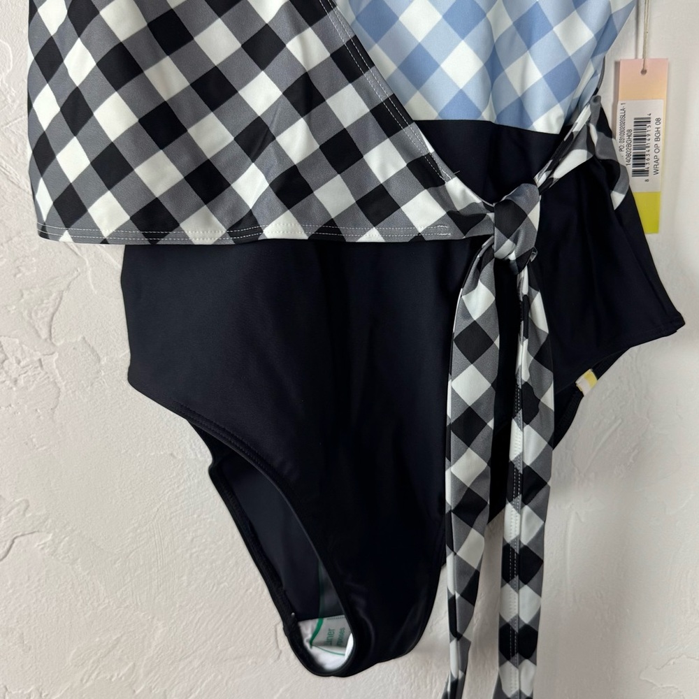 Summersalt Swim Suit‎ One Piece The Perfect Wrap Tie Front Gingham Blue Black - Picture 3 of 8
